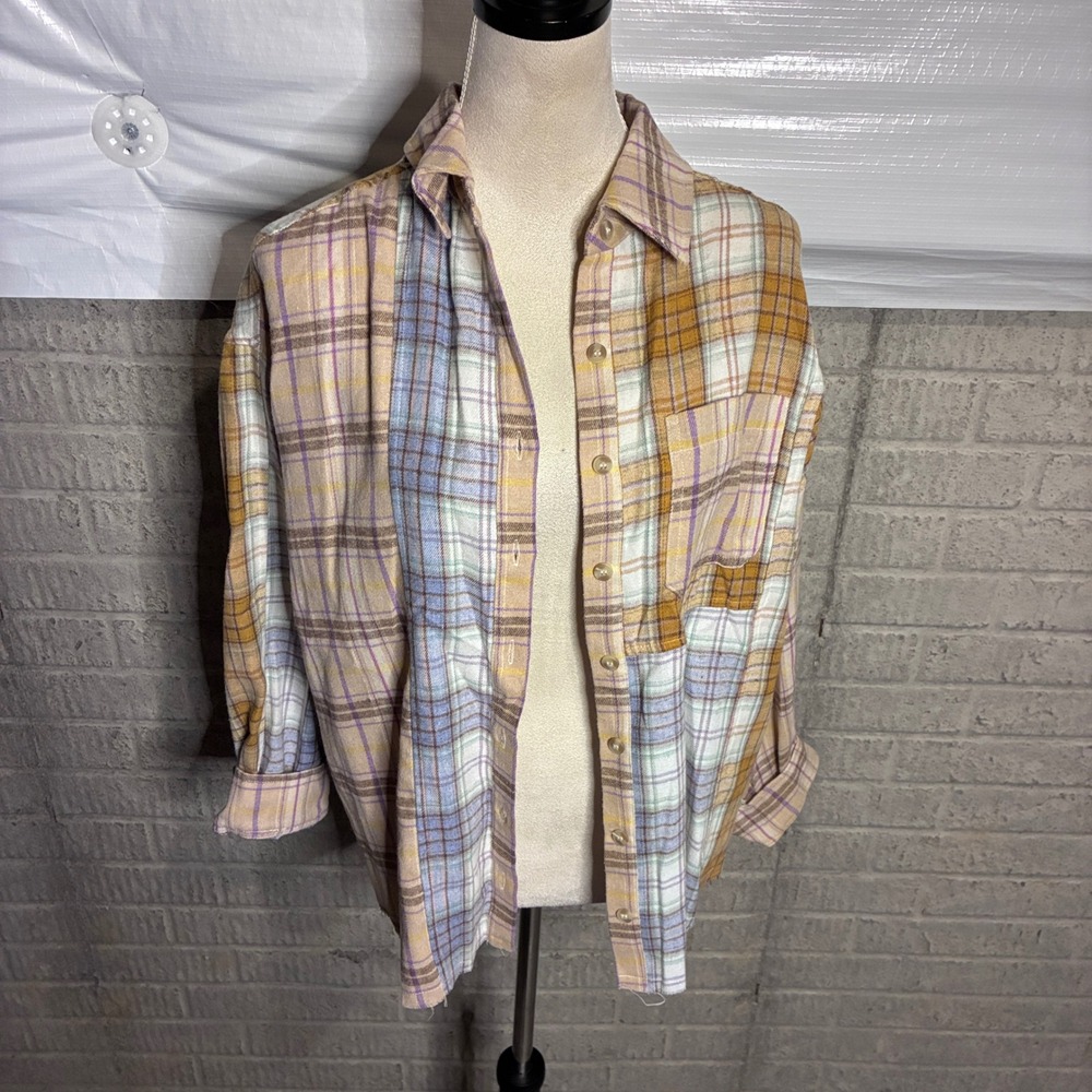 Charmed Hearts Mixed Plaid Patchwork Button Down Shirt Tan Blue Purple M